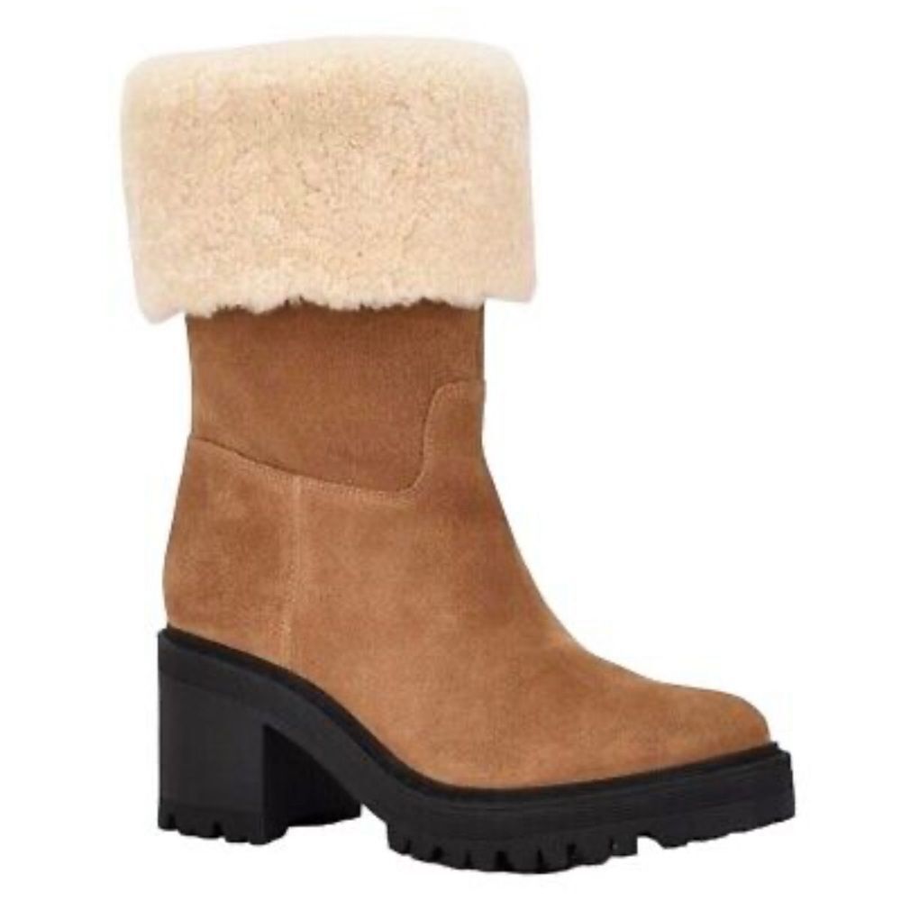 Marc Fisher Tan Suede Heeled Boot with Cream Shearling Cuff